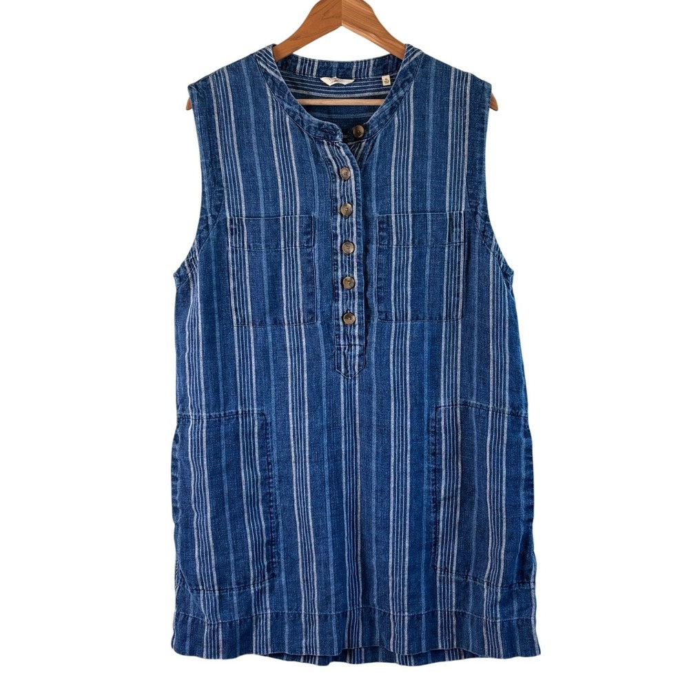 Faherty Linen Striped Shift Dress Blue Womens XL Sleeveless Henley Pockets